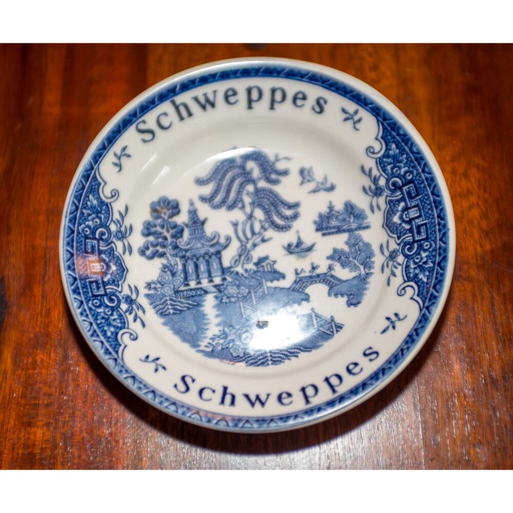 Blue Wedgwood Schweppes Advertising Tip Plate or Coaster Blue Willow Pattern